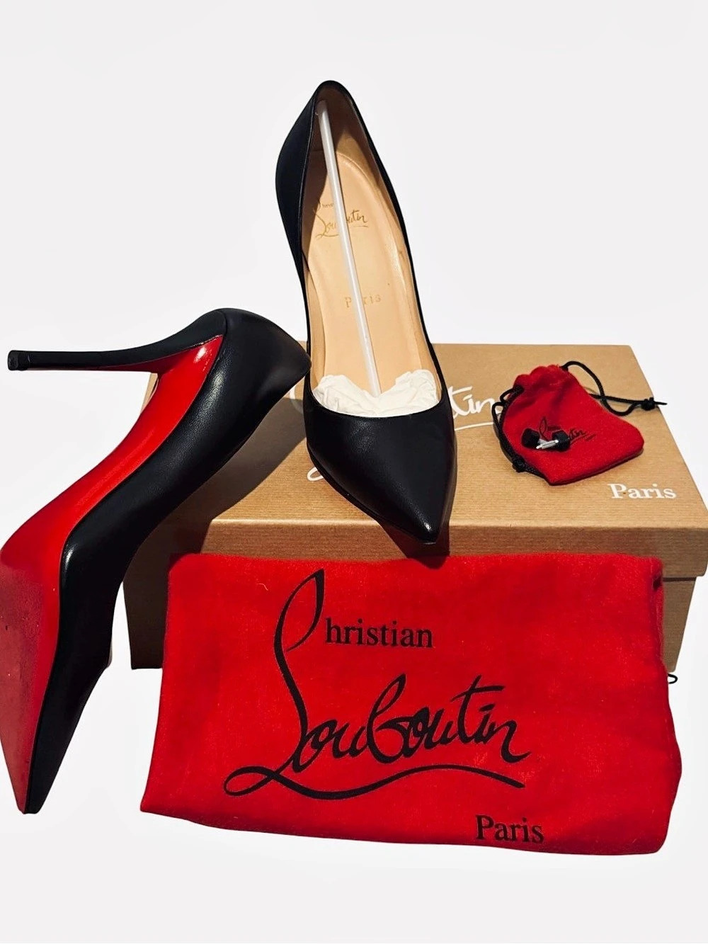 Authentic Christian Louboutin Black Leather Apostrophy 100 Pumps Sz 37 US 7B Box
